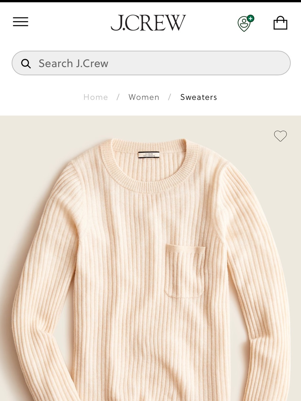 NWT J. Crew Cream 100% cashmere Ribbed Crewneck Sweater with Pocket